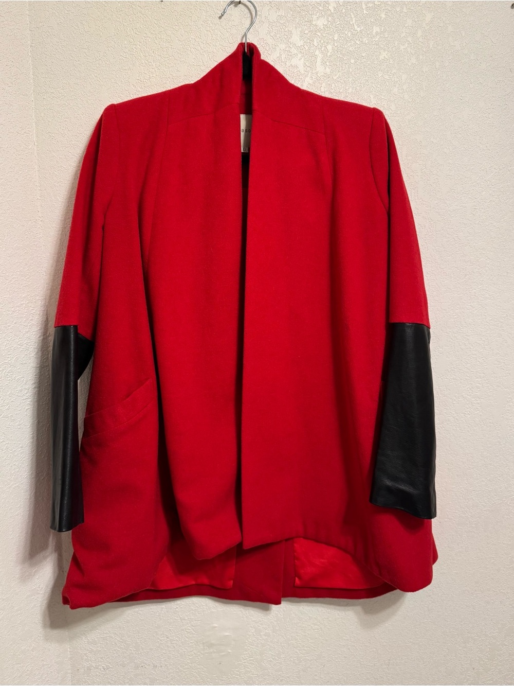 Mason Red Wool Coat Black Lamb Leather Sleeves Size 0